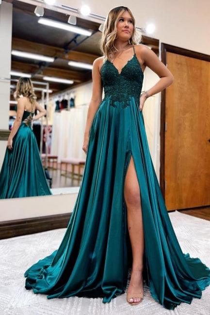 Elegantes vestidos de fiesta de corte A con tirantes finos y abertura