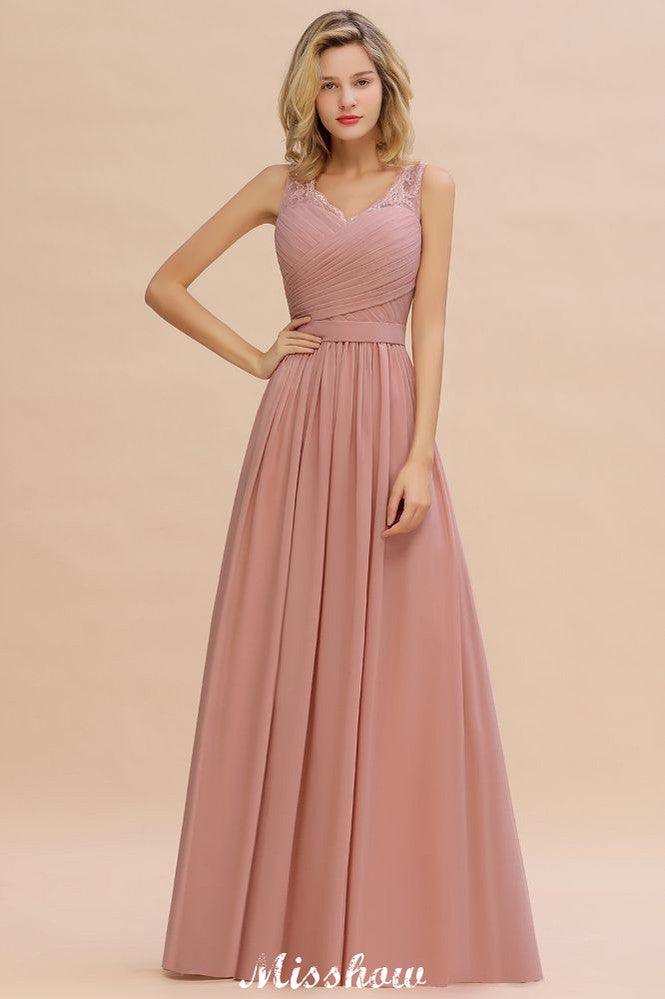 Elegantes V-Ausschnitt A-Linie Abend Maxikleid Brautjungfernkleid Ärmellose Styles