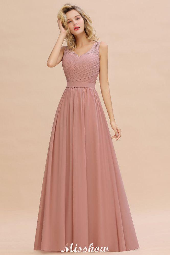Elegantes V-Ausschnitt A-Linie Abend Maxikleid Brautjungfernkleid Ärmellose Styles