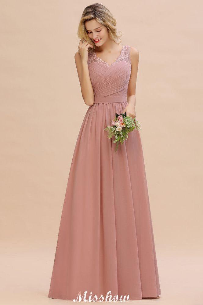 Elegantes V-Ausschnitt A-Linie Abend Maxikleid Brautjungfernkleid Ärmellose Styles