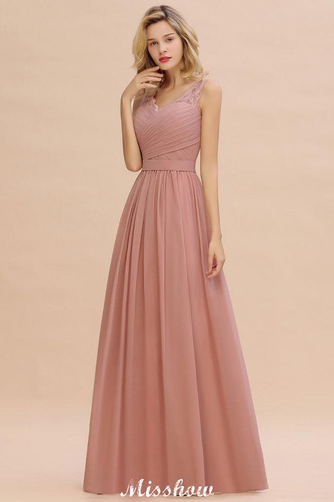 Elegantes V-Ausschnitt A-Linie Abend Maxikleid Brautjungfernkleid Ärmellose Styles