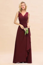 Elegant V-Neck aline Bridesmaid Dress Burgundy Backless Chiffon Party Dress
