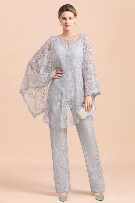 Eleganter silberner Jumpsuit mit V-Ausschnitt, Applikationen und Spitzenüberzügen für die Brautmutter