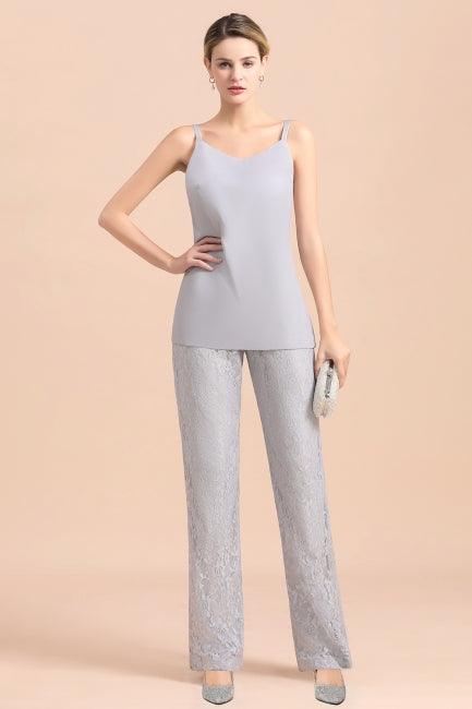 Eleganter silberner Jumpsuit mit V-Ausschnitt, Applikationen und Spitzenüberzügen für die Brautmutter