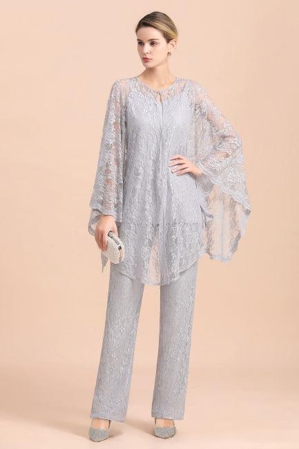 Eleganter silberner Jumpsuit mit V-Ausschnitt, Applikationen und Spitzenüberzügen für die Brautmutter