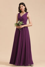 Elegantes vestidos de dama de honor de gasa con encaje, escote en V y volantes en forma de A 