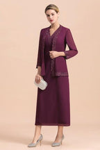 Elegant V-Neck SLeeveless Apppliques Grape Mother of Bride Dress with Wraps
