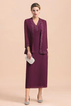Elegant V-Neck SLeeveless Apppliques Grape Mother of Bride Dress with Wraps