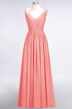 Elegant V-Neck Strap Backless Ruffles Chiffon Floor-Length Bridesmaid Dress