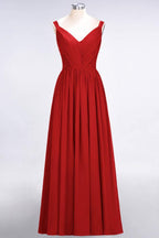 Elegant V-Neck Strap Backless Ruffles Chiffon Floor-Length Bridesmaid Dress