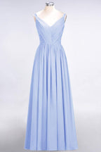 Elegant V-Neck Strap Backless Ruffles Chiffon Floor-Length Bridesmaid Dress