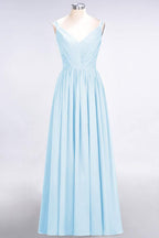 Elegant V-Neck Strap Backless Ruffles Chiffon Floor-Length Bridesmaid Dress