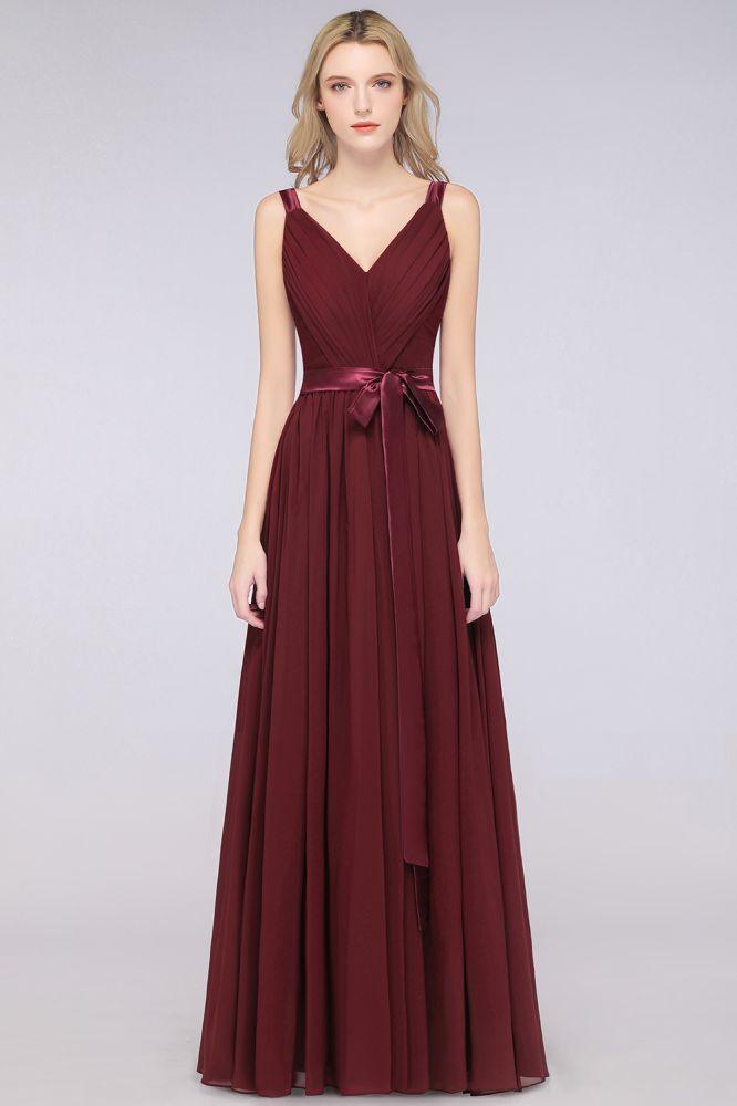 Elegant V-Neck Strap Backless Ruffles Chiffon Floor-Length Bridesmaid Dress