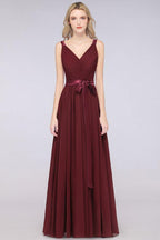 Elegant V-Neck Strap Backless Ruffles Chiffon Floor-Length Bridesmaid Dress