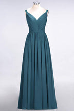 Elegant V-Neck Strap Backless Ruffles Chiffon Floor-Length Bridesmaid Dress