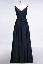 Elegant V-Neck Strap Backless Ruffles Chiffon Floor-Length Bridesmaid Dress