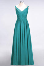 Elegant V-Neck Strap Backless Ruffles Chiffon Floor-Length Bridesmaid Dress