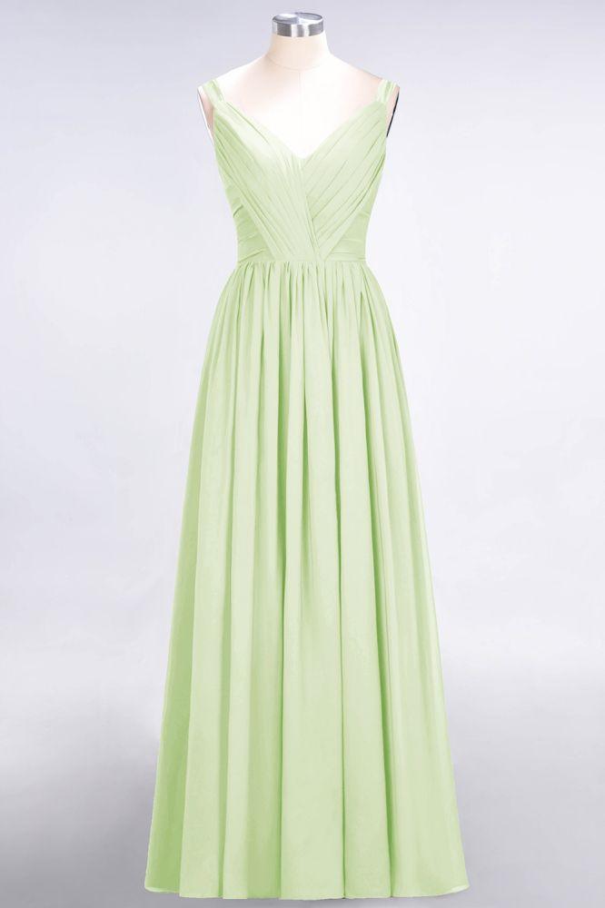 Elegant V-Neck Strap Backless Ruffles Chiffon Floor-Length Bridesmaid Dress