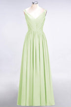 Elegant V-Neck Strap Backless Ruffles Chiffon Floor-Length Bridesmaid Dress