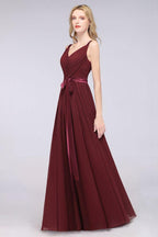 Elegant V-Neck Strap Backless Ruffles Chiffon Floor-Length Bridesmaid Dress