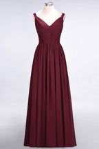 Elegant V-Neck Strap Backless Ruffles Chiffon Floor-Length Bridesmaid Dress