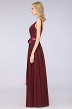 Elegant V-Neck Strap Backless Ruffles Chiffon Floor-Length Bridesmaid Dress