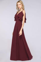 Elgant Ruffles Chiffon Floor-Length Bridesmaid Dress Aline Pearls Sleeveless Wedding Party Dress