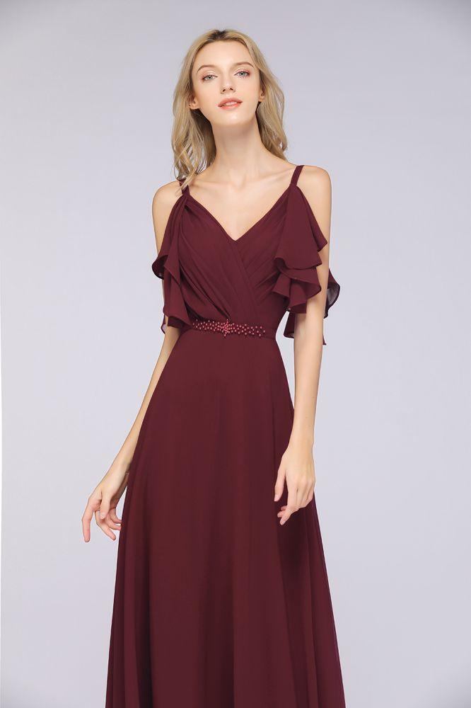 Elgant Ruffles Chiffon Floor-Length Bridesmaid Dress Aline Pearls Sleeveless Wedding Party Dress