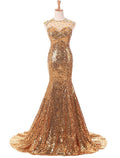 Vestidos de fiesta de sirena/trompeta, brillantes, con cola de corte, sin mangas, cuello joya, lentejuelas y cuentas