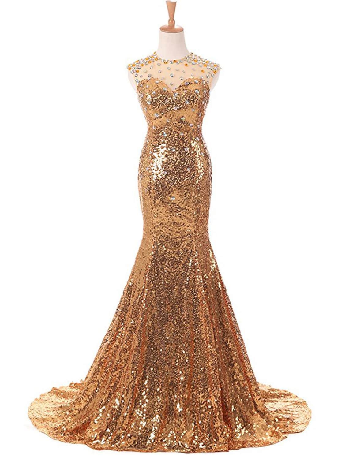 Vestidos de fiesta de sirena/trompeta, brillantes, con cola de corte, sin mangas, cuello joya, lentejuelas y cuentas