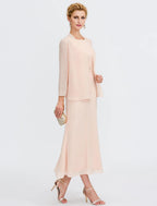 Two Piece Sheath / Column Mother of the Bride Dress Wedding Guest Plus Size Elegant with Jacket Long Sleeve Scoop Neck Tea Length Chiffon Sash / Ribbon Pleats Beading