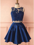 Vestidos de cóctel de dos piezas, vestido de fiesta, graduación, cóctel, fiesta, corto/mini, sin mangas, cuello joya, encaje, espalda descubierta, con pliegues y apliques