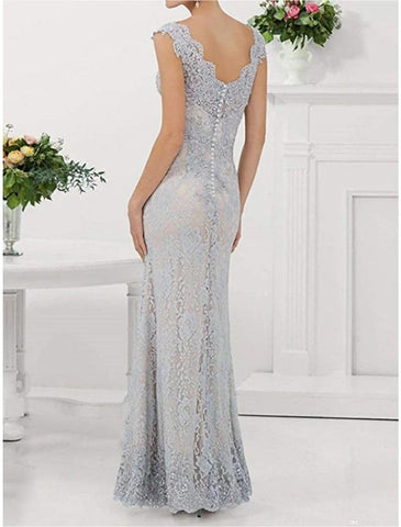 Etui-Linie/Säulenkleid für die Brautmutter, Hochzeitsgast, Party, elegant, V-Ausschnitt, bodenlang, Spitze, ärmellos, mit Falten, einfarbig