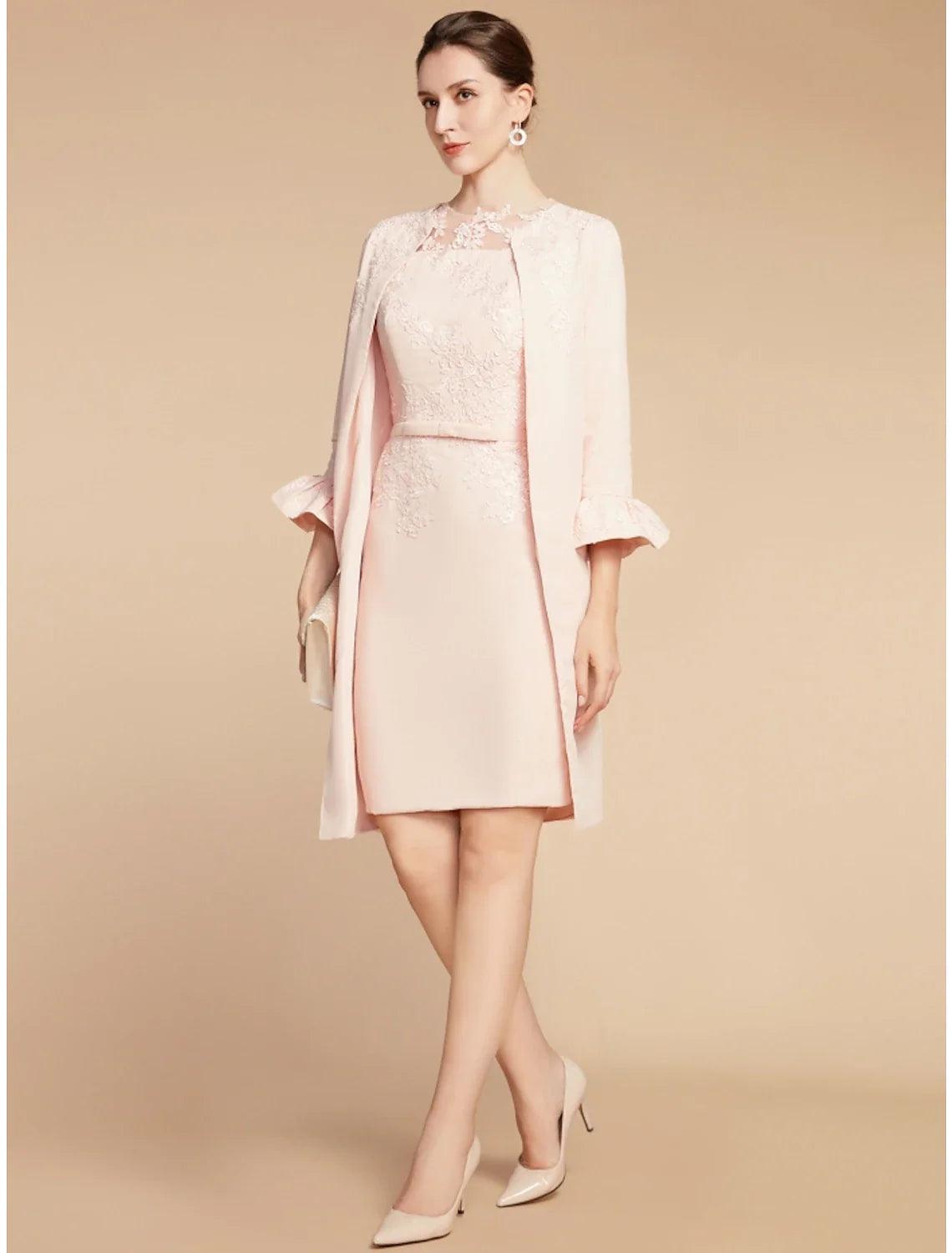 Zweiteiliges A-Linien-Kleid für die Mutter der Braut, Hochzeitsgast, elegant, zierlich, Rundhalsausschnitt, kurz/Mini, Spitze, Stretch-Stoff, 3/4-Ärmel mit Schleife(n), Rüschen, einfarbig