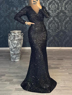 Meerjungfrau/Trompete Abendkleid Weihnachten Rot Grün Kleid Partykleid Maskerade Schwarze Krawatte Bodenlang Langarm V-Ausschnitt Gürtel/Schärpe Pailletten mit Rüschen