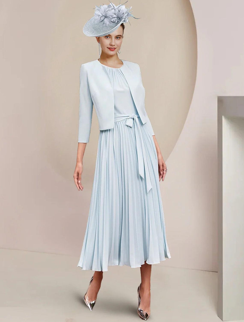 Vestido de dos piezas de corte A para madre de la novia, para invitados a la boda, estilo vintage, elegante, escote redondo, largo hasta la rodilla, de gasa, sin mangas, cruzado, con lazo(s) y pliegues.