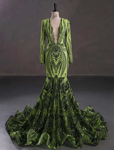 Meerjungfrau/Trompete Abendkleid Sparkle &amp; Shine Kleid Formeller Abend Hochzeitsfeier Kapelle Schleppe Langarm Juwel Hals Afroamerikaner Pailletten mit Pailletten