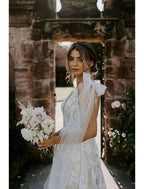 Vestidos de novia formales de compromiso, corte sirena/trompeta, manga larga, escote en V, encaje y apliques