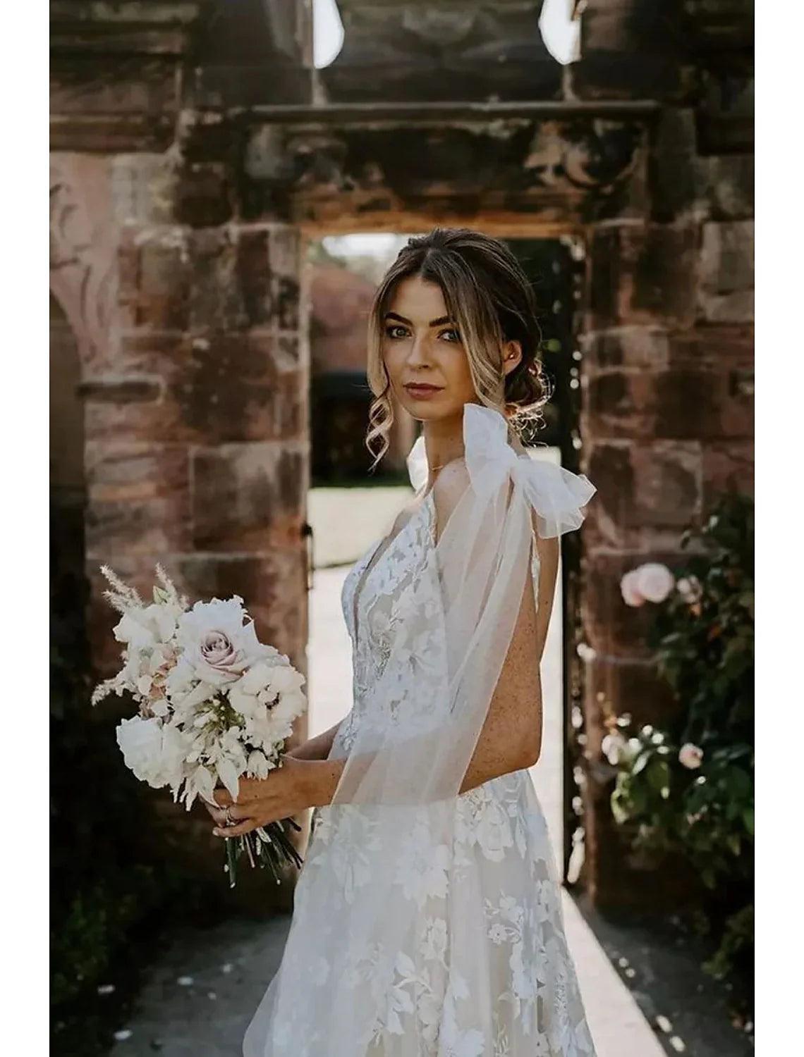 Vestidos de novia formales de compromiso, corte sirena/trompeta, manga larga, escote en V, encaje y apliques