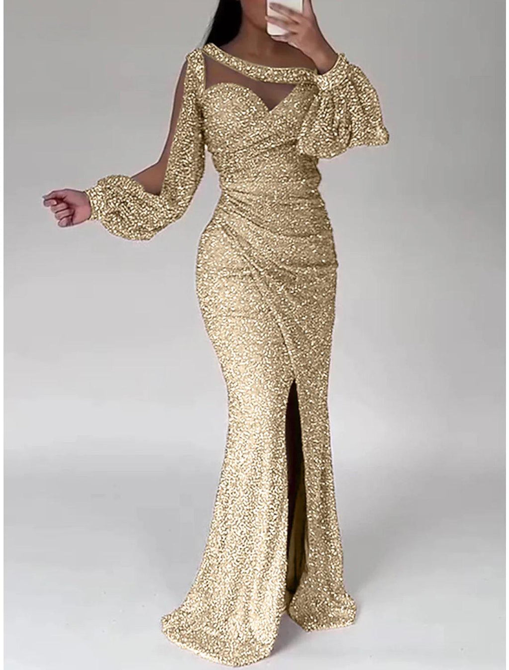 Meerjungfrauenkleid, Abendkleid, Weihnachten, Rot, Grün, Formales Kleid, Sweep/Pinselzug, Langarm, Rundhalsausschnitt, Pailletten mit Glitzer, gerüschtem Schlitz