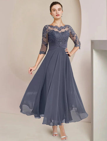 Vestido de dos piezas de corte A para madre de la novia, para invitada de boda formal, elegante, escote redondo, largo hasta la rodilla, de gasa con encaje, mangas 3/4, cruzado incluido, con apliques fruncidos