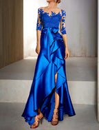 Mermaid / Trumpet Evening Gown Floral Dress Wedding Guest Fall Asymmetrical Half Sleeve Jewel Neck Satin with Bow(s) Appliques