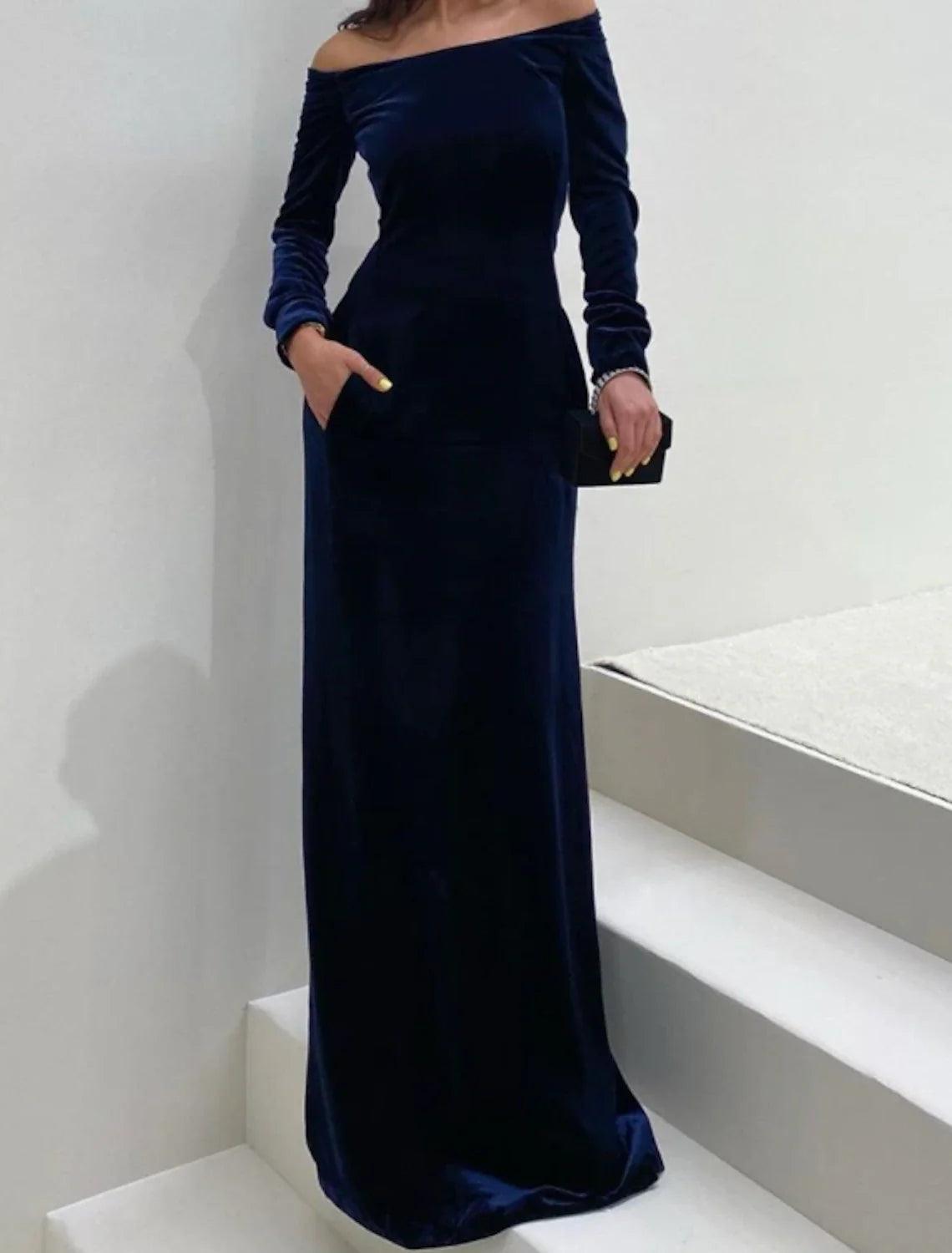 Etuikleid/Säulen-Abendkleid, minimalistisches Kleid, formeller Abend, bodenlang, langärmelig, schulterfrei, Herbst, Hochzeitsgast, Samt mit glattem