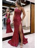Vestidos de fiesta de sirena/trompeta con brillo y destellos, vestido formal para boda, fiesta, cola de corte, sin mangas, un hombro, con lentejuelas y abertura con lentejuelas