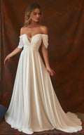 Vestido de novia de corte A de gasa, sin mangas, hombros descubiertos y largo hasta el suelo