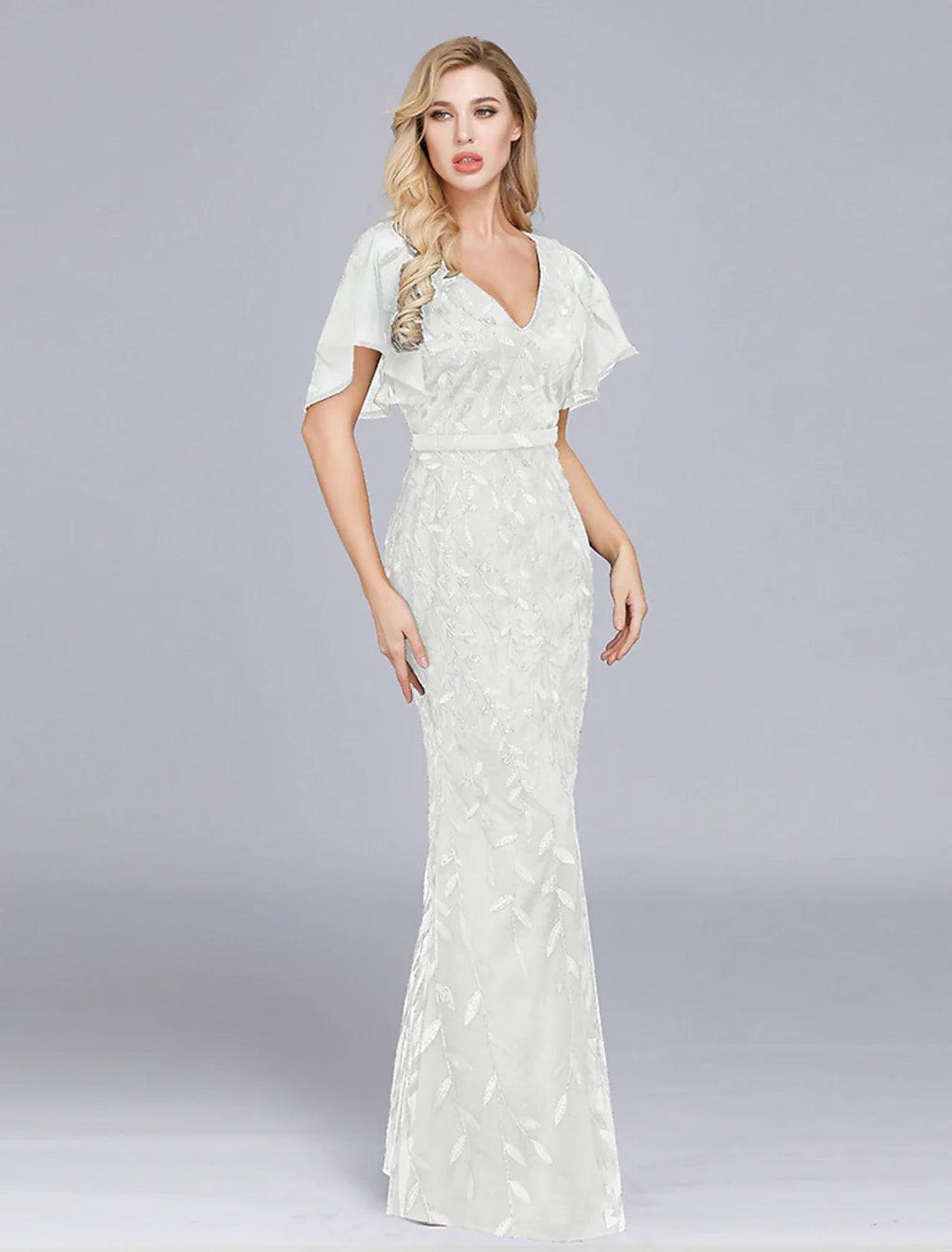 Vestido de noche estilo sirena/trompeta, estilo imperio, para fiesta, formal, de noche, largo hasta el suelo, manga corta, cuello joya, tul con volantes bordados