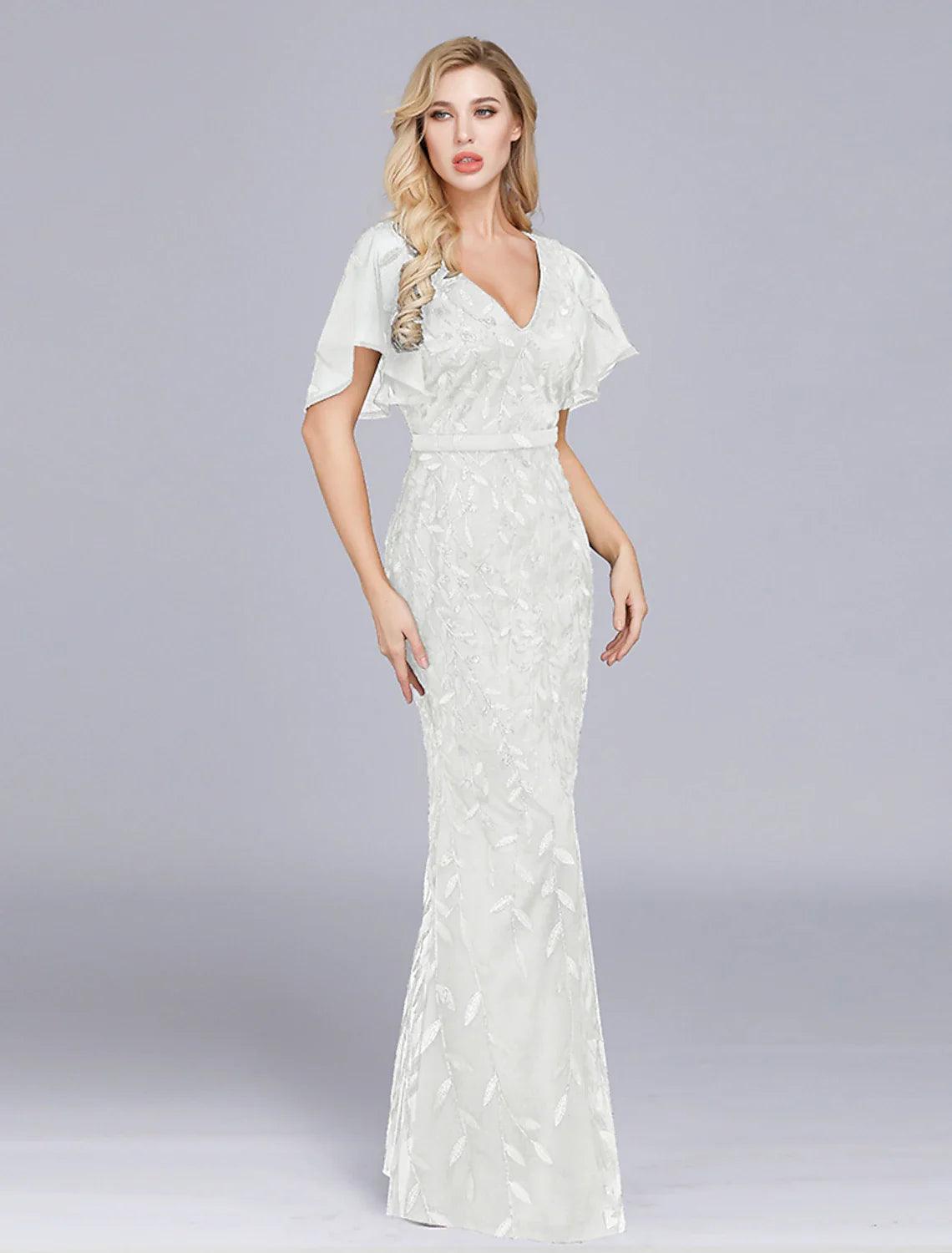 Vestido de noche estilo sirena/trompeta, estilo imperio, para fiesta, formal, de noche, largo hasta el suelo, manga corta, cuello joya, tul con volantes bordados