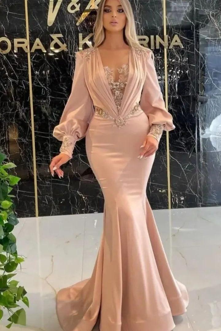 Exquisites bodenlanges, langärmliges Meerjungfrau-Ballkleid aus Satin mit Applikationen