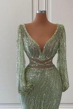 Exquisito vestido de fiesta de sirena con escote en V, mangas largas y lentejuelas
