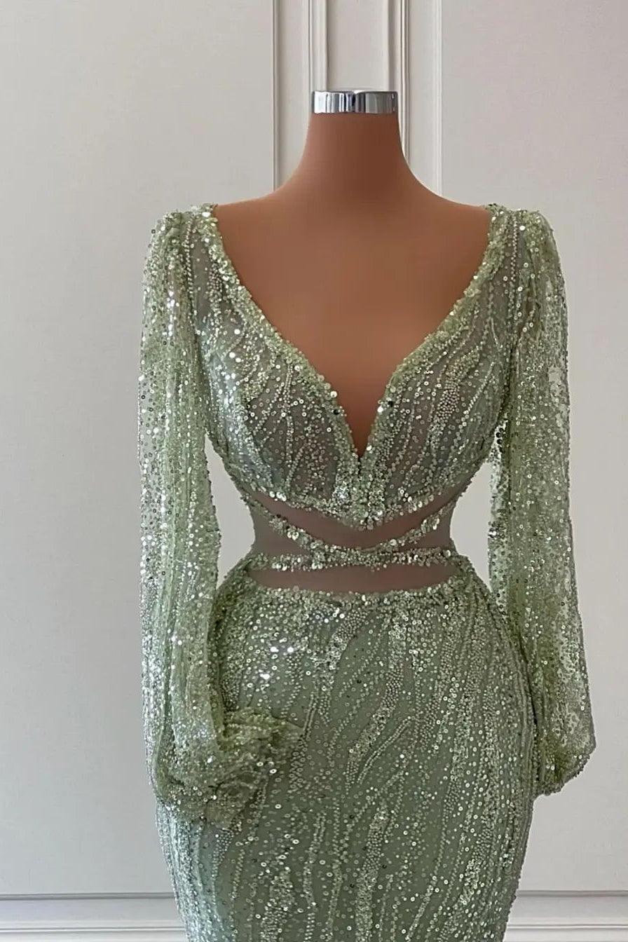 Exquisito vestido de fiesta de sirena con escote en V, mangas largas y lentejuelas